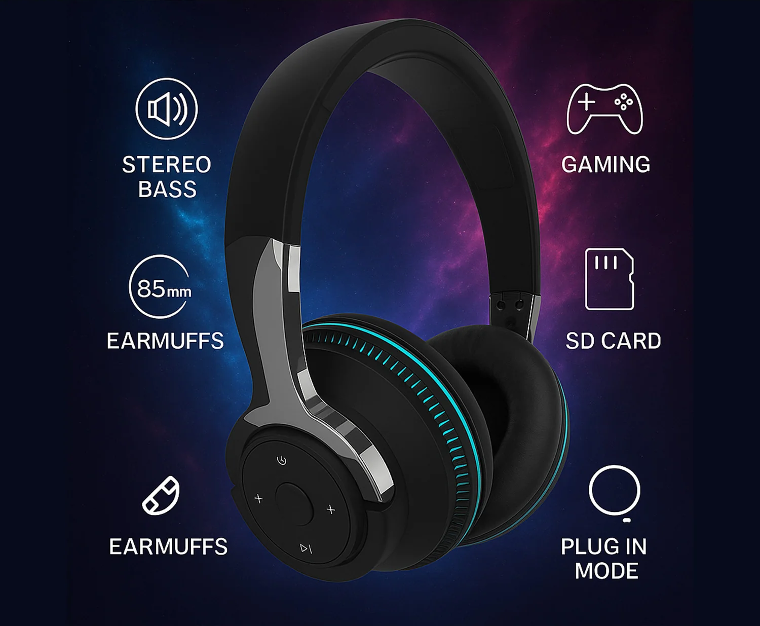 Wireless Bluetooth 5.1 Headphones over Ear LED Headset Stereo Noise Cancelling