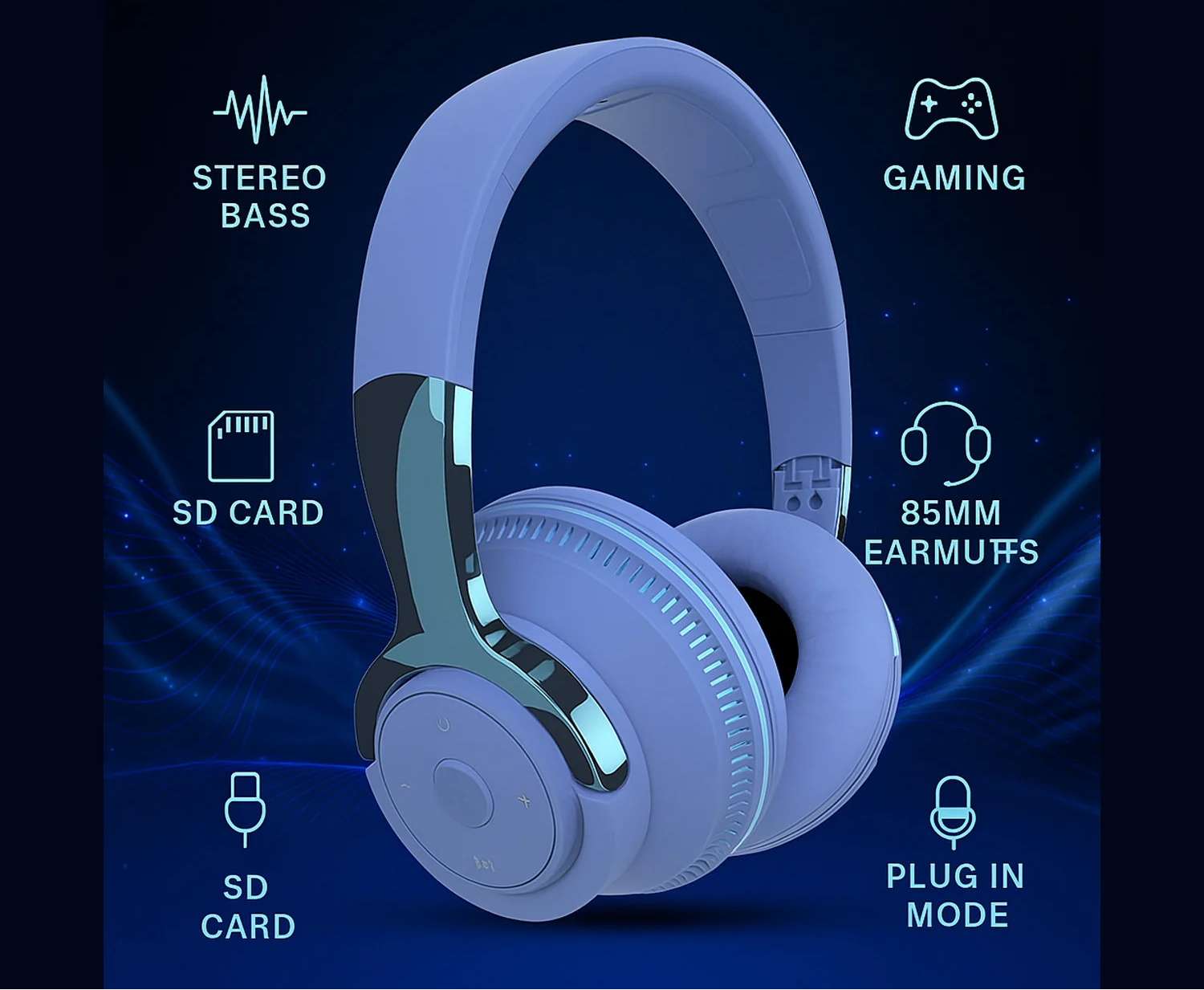 Wireless Bluetooth 5.1 Headphones over Ear LED Headset Stereo Noise Cancelling