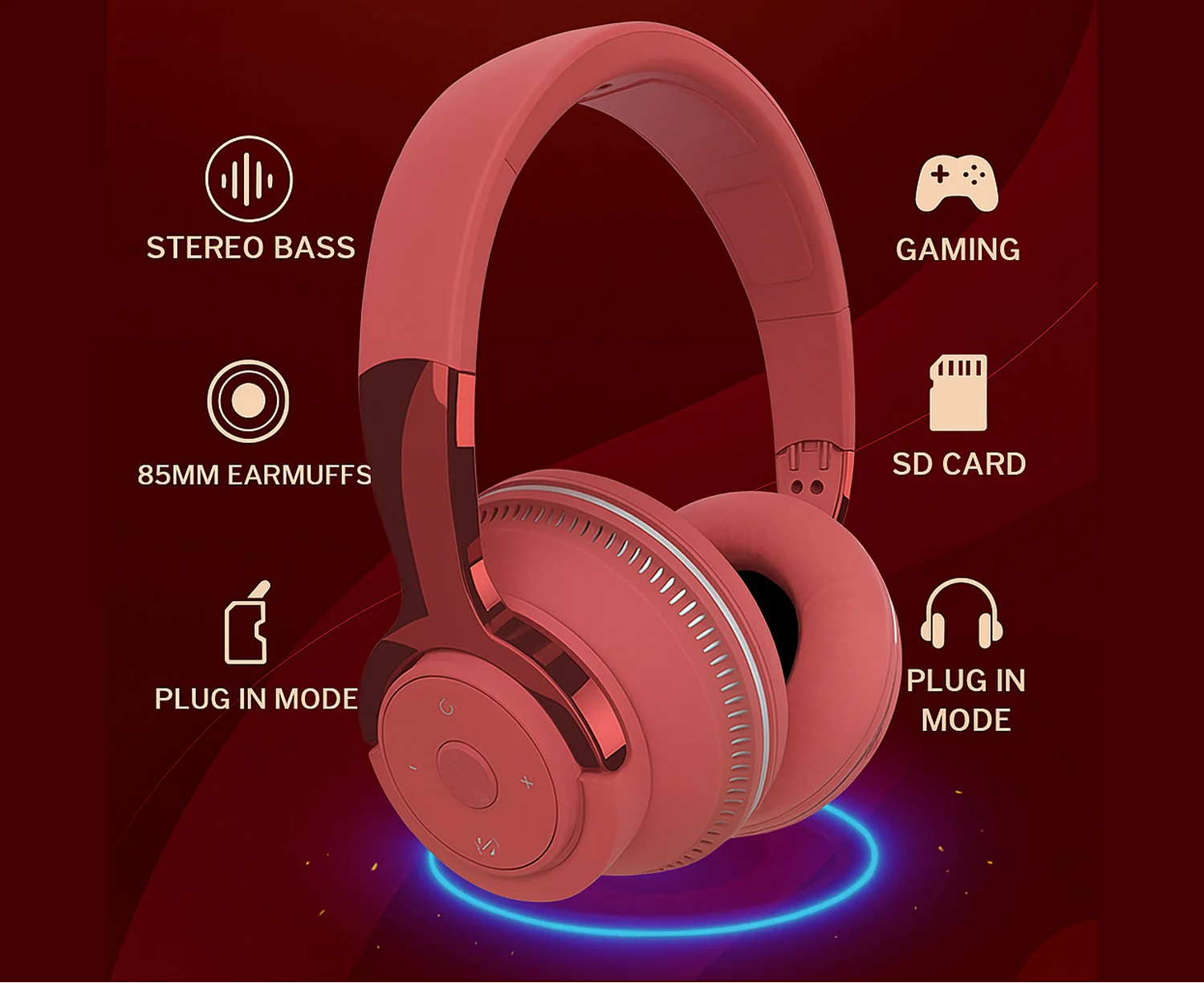 Wireless Bluetooth 5.1 Headphones over Ear LED Headset Stereo Noise Cancelling
